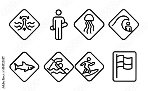 Water safety outline icons set – linear, aquatic, beach safety symbols