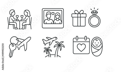 Wedding and honeymoon icons set – outline, linear, love and celebration symbols