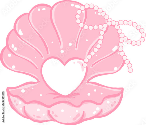 Coquette Pink Seashell Open Clam Shell with Pearl Ribbon Bow Hand Drawn