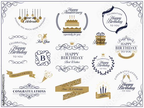 クラシカルな誕生日祝いのロゴバナーとフレームセット