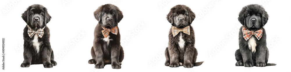 Obraz premium Four cute and friendly black Labrador retriever puppies sitting and posing in a studio setting all wearing stylish bow ties for a classic portrait photography shoot