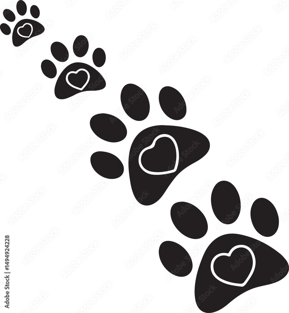 Fototapeta premium Cute pet paw print trail with heart icons – vector symbol of animal love and care
