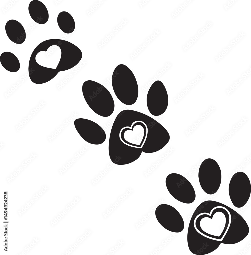 Fototapeta premium Stylized pet paw prints with heart icons – cute animal track vector design