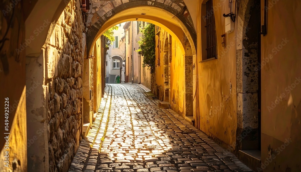 Fototapeta premium Sunlit Cobblestone Alleyway with Charming European Town.