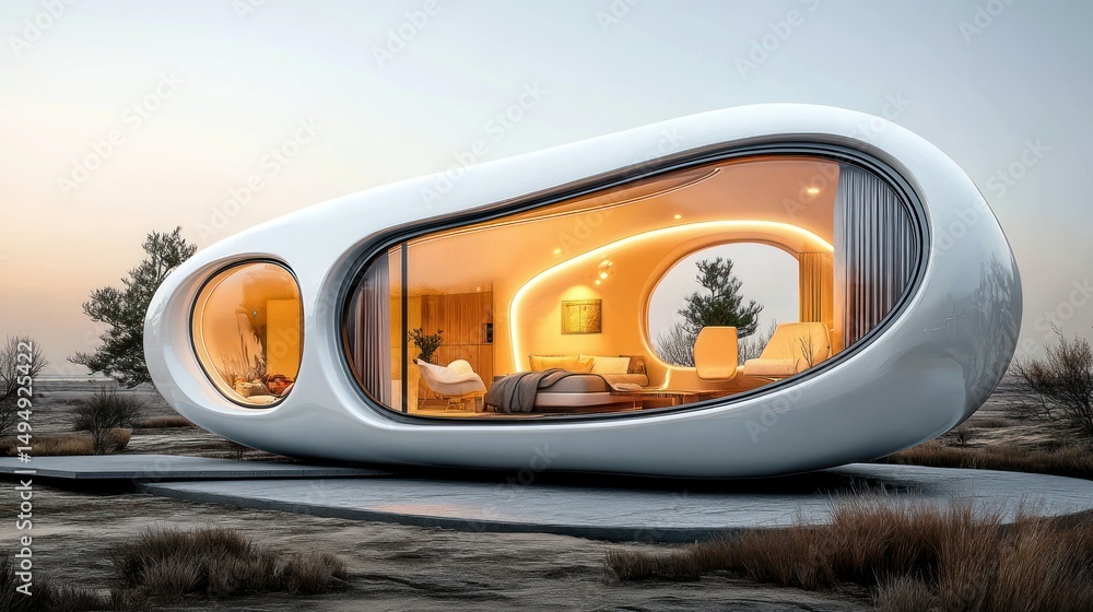 Obraz premium Futuristic, smooth, oval-shaped dwelling, bathed in warm ambient light, with expansive glass walls. Interior features cozy seating and a bed