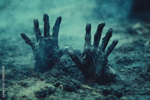 Hand reaching out of the ground in a spooky graveyard setting at dusk, fingers curling around old tombstone, creating a chilling and eerie atmosphere.