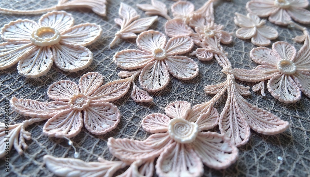 Intricate floral lace, delicate threads forming a repetitive design , doily, material, design Intricate floral lace, delicate threads forming a repetitive design , doily, material, design