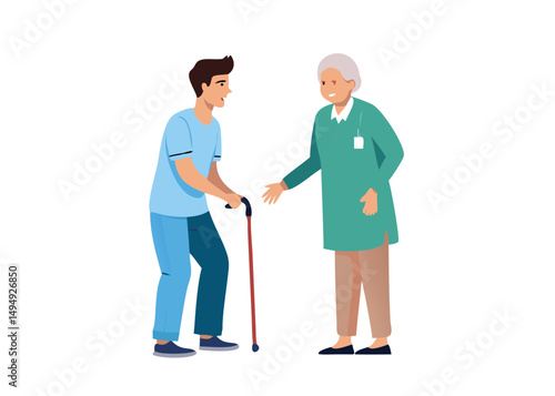 Elderly people support. Vector illustration of senior woman with walking stick and a young male nurse