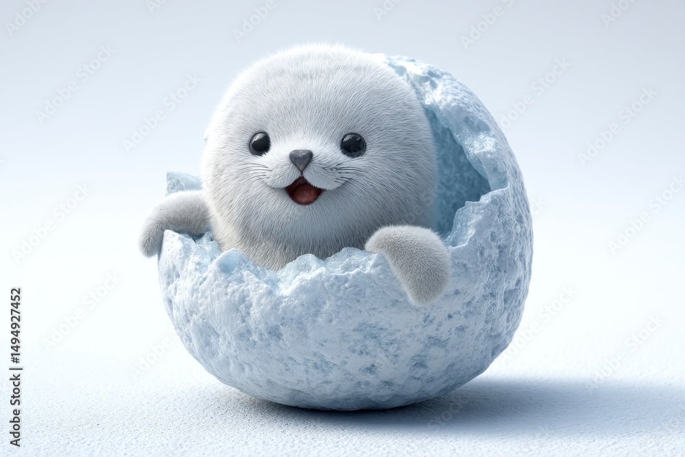 Fototapeta premium Cute baby seal emerging from a cracked egg on a snowy background