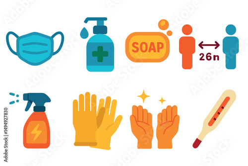 Health and safety flat icons set – hygiene, protection, prevention symbols