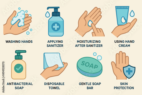 Hygiene practices flat icons set – clean, sanitary, washing symbols