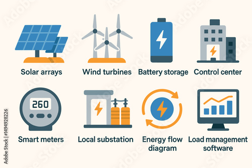 Renewable energy flat icons set – solar, wind, sustainable power symbols