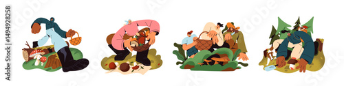 Set of people gathering edible mushrooms in forest. Family with kids are in nature together, picking up boletus, chanterelles into basket. Flat isolated vector illustrations on white background