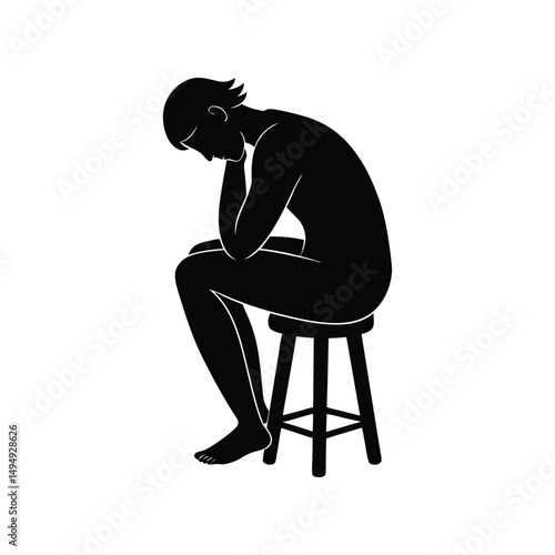 Silhouette of a Person Sitting on a Stool, Head in Hands, Expressing Sadness or Contemplation