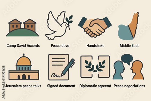 Peace and diplomacy line icons set – silhouette, agreement, negotiation symbols