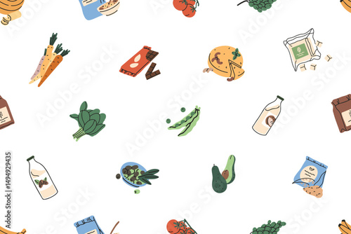 Repeatable pattern of healthy vegetarian food: alternative milk, tofu, soy. Endless background of grocery products, eating for vegans: farm vegetables, fruit. Flat seamless vector illustration