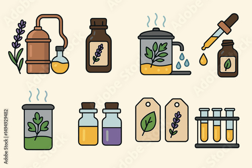 Herbal medicine outline icons set – flat, natural remedy and wellness symbols