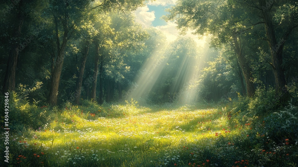 Fototapeta premium Sunbeams Illuminating a Magical Forest Meadow