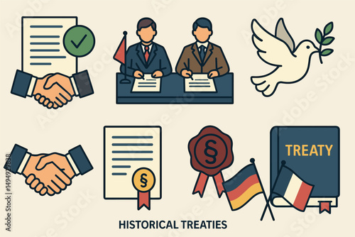 Historical treaties flat icons set – agreements, diplomacy, peace symbols