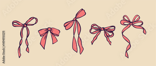Set of pink doodle bows and ribbons. Hand-drawn vector illustrations suitable for posters, cards, wedding invitations