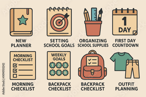 Back to school flat icons set – educational, planning, student supplies