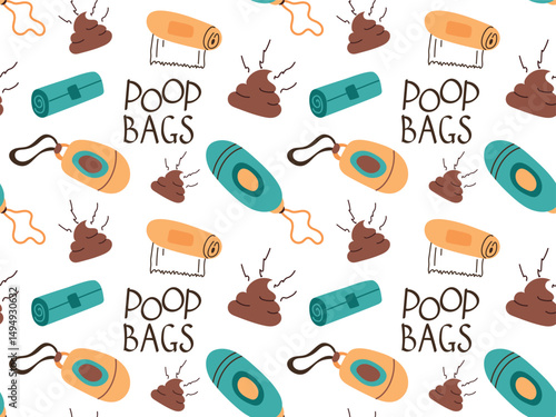 Cute seamless pattern with dog poop, different bags for cleaning up excrement of your pets