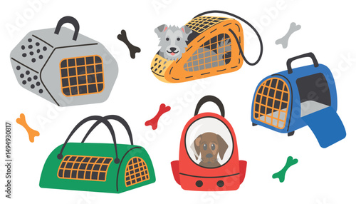 Carriers and backpacks for cats and dogs - pet travel bags, illustration of portable transport for pets