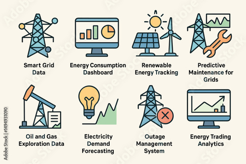 Energy management and analytics icons set – outline, power, smart grid symbols