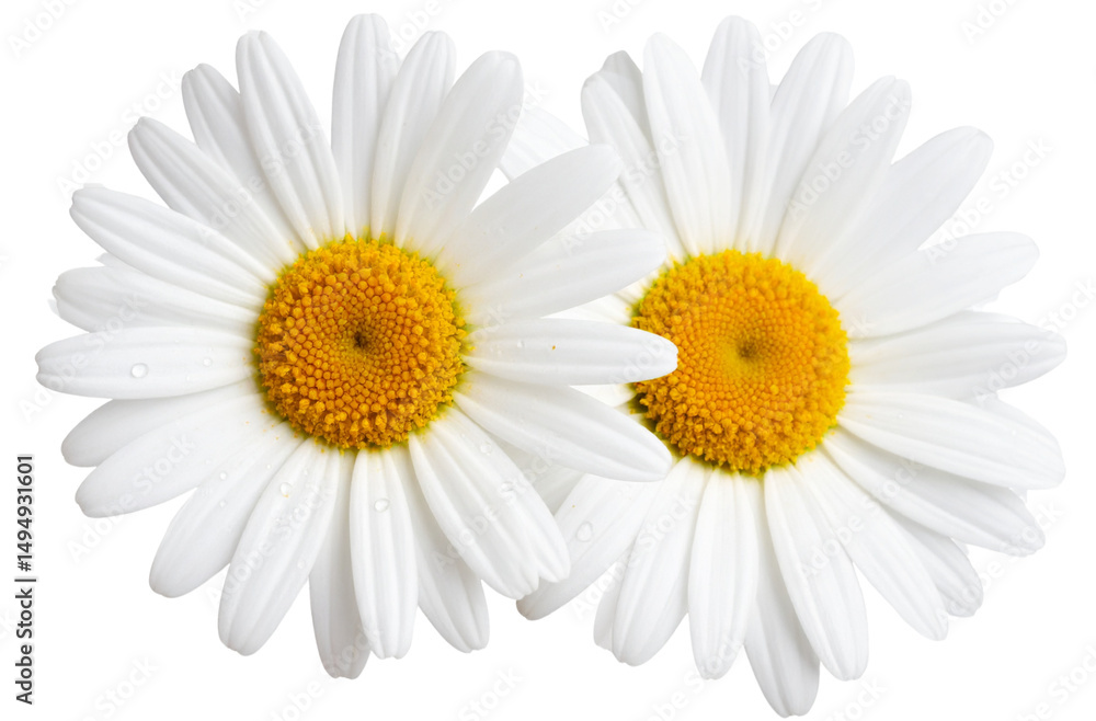 Fototapeta premium Two white daisies, one with water droplets on the petals and other parts, transparent background