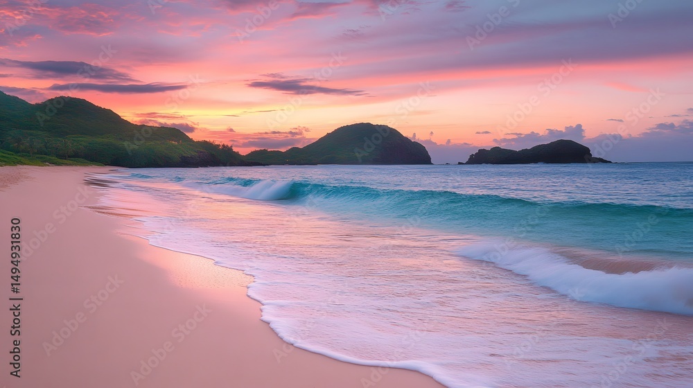 Fototapeta premium Pink Sunset over Sandy Beach with Gentle Waves Tropical Paradise