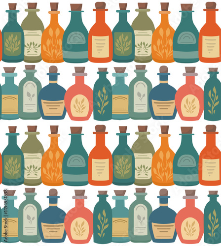 Vector seamless pattern with vintage potion bottles. Ideal for packaging, textiles, and wrapping paper. Flat style. E