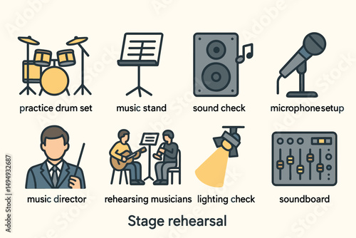 Music and stage performance outline icons set - solid, silhouette, rehearsal symbols
