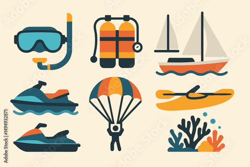 Water sports flat icons set – aquatic adventures, sailing, scuba, vector graphics