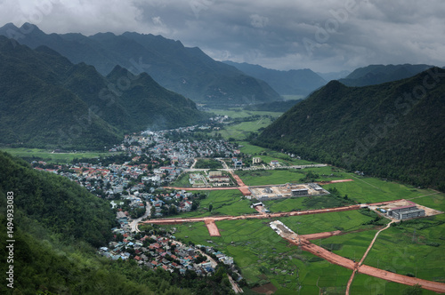 Scenic viewpoint of Mai Chau village and valley in northern Vietnam on an overcast day