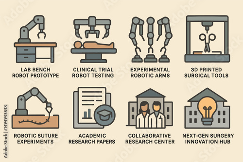 Medical and research flat icons set – clinical, robotic, experimental symbols