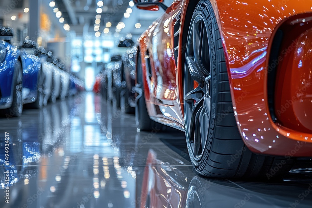 Luxury sports cars display at high-end auto show with bright lighting and polished floors Luxury sports cars display at high-end auto show with bright lighting and polished floors
