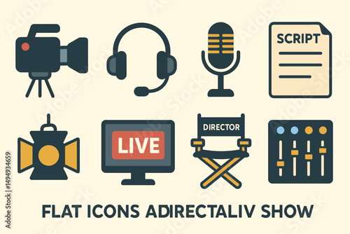 Video production flat icons set – film, media, broadcasting tools