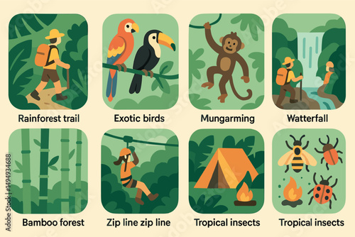 Adventure and jungle icons set – flat, outline, forest and wildlife symbols