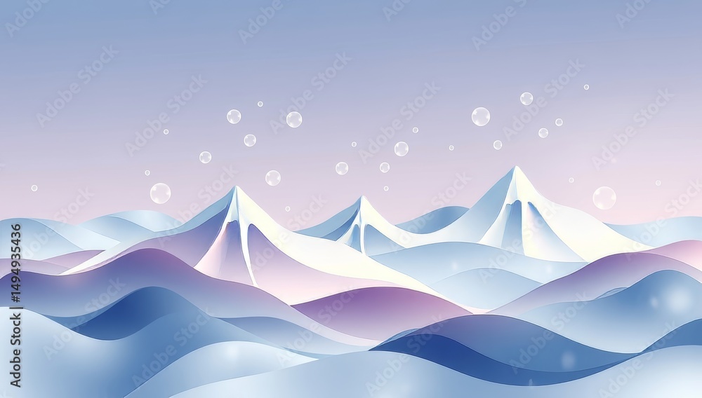 Serene snowy mountain landscape with soft pastel colors and dewy bubbles in the sky Serene snowy mountain landscape with soft pastel colors and dewy bubbles in the sky