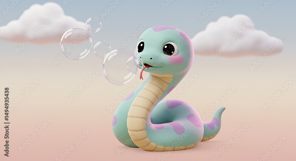 Fototapeta premium Cute cartoon snake blowing bubbles