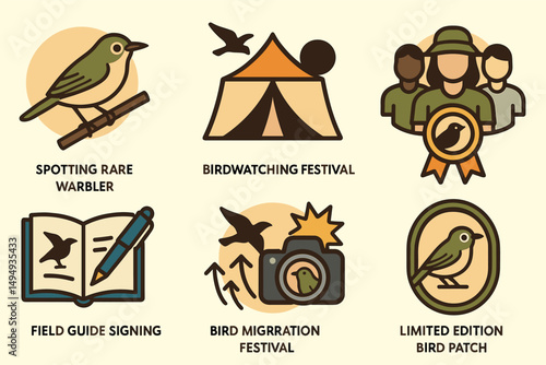 Birdwatching and nature outline icons set – flat, linear, wildlife symbols and signs