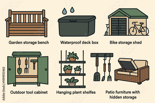 Garden storage outline icons set – linear, backyard, organization symbols