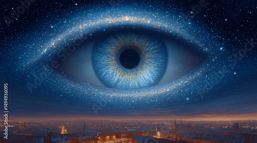 Giant Eye Made of Stars Gaze Over Serene Cityscape During Dusk with Twinkling Night Sky