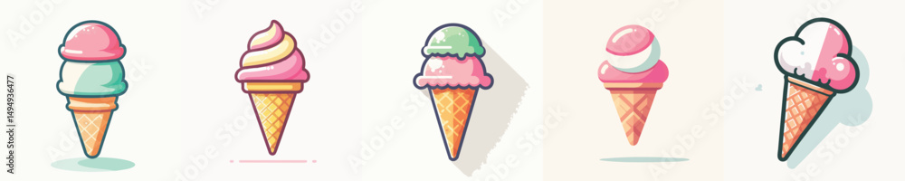 Cute Ice Cream Cone Vector Set – Flat Design Pastel Style for Summer, Dessert, and Food Illustrations Cute Ice Cream Cone Vector Set – Flat Design Pastel Style for Summer, Dessert, and Food Illustrations