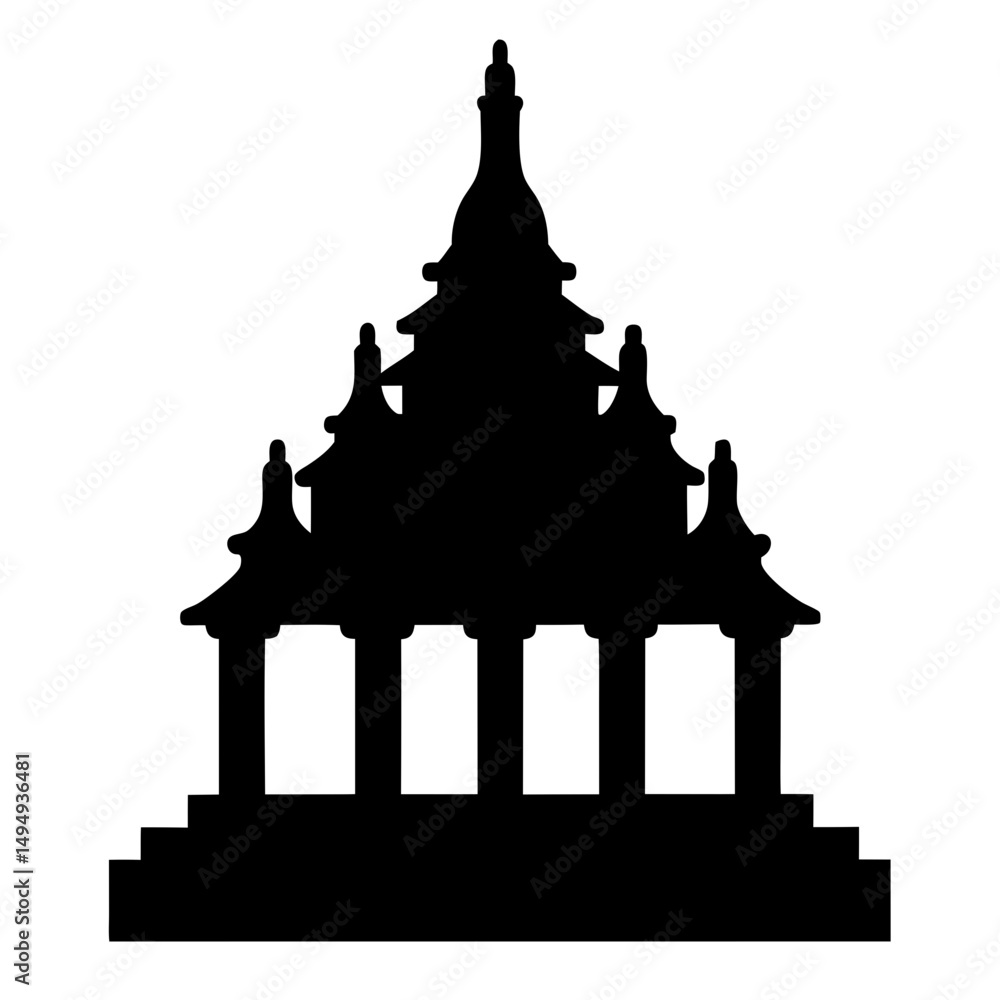 Obraz premium Black Silhouette of an Asian Temple with Ornate Architecture and Columns