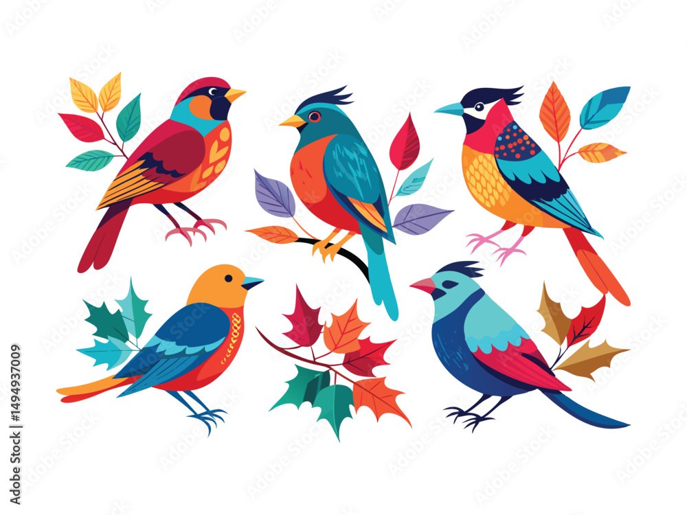 Five colorful birds with autumn leaves illustration
Five colorful birds with autumn leaves illustration