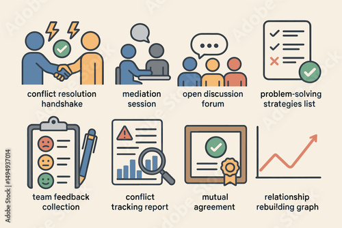 Conflict resolution icons set – flat, line, mediation and problem-solving visuals
