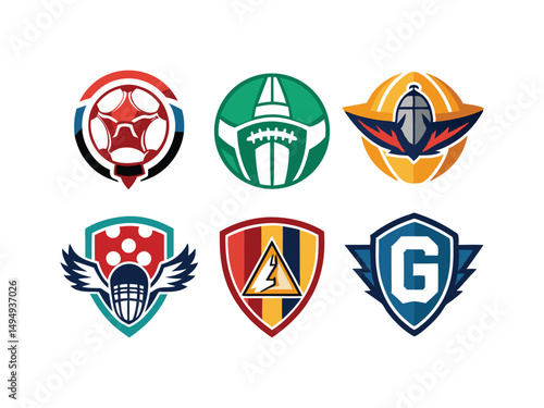 Six unique sport team logos designs with balls and shields
