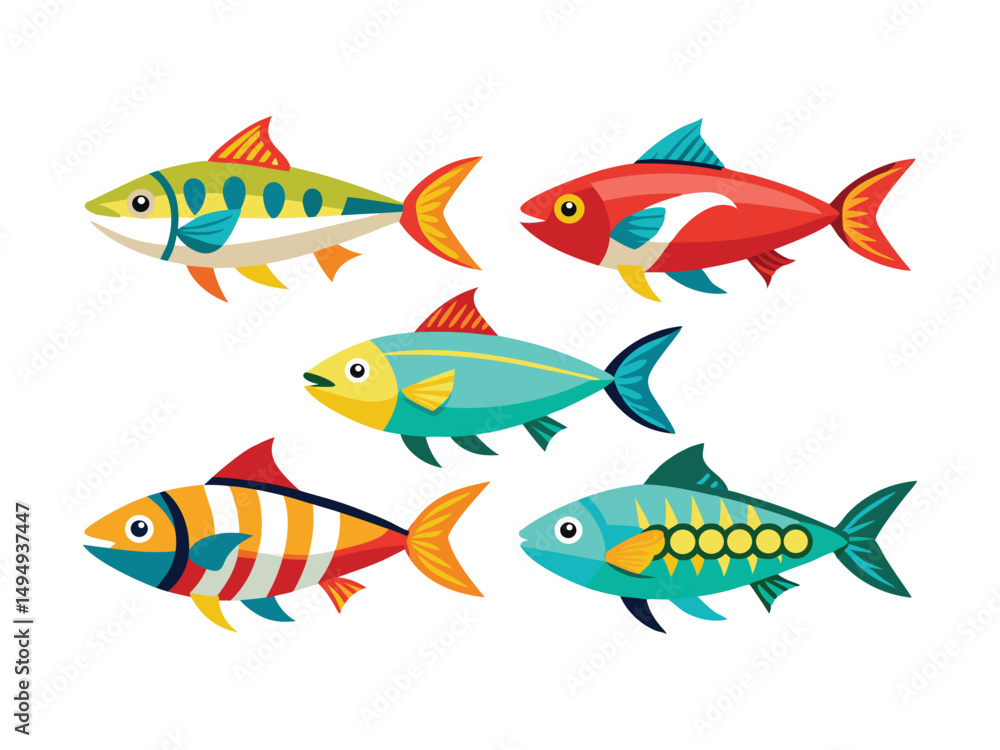 Fototapeta premium Collection of five colorful cartoon fish illustrations 