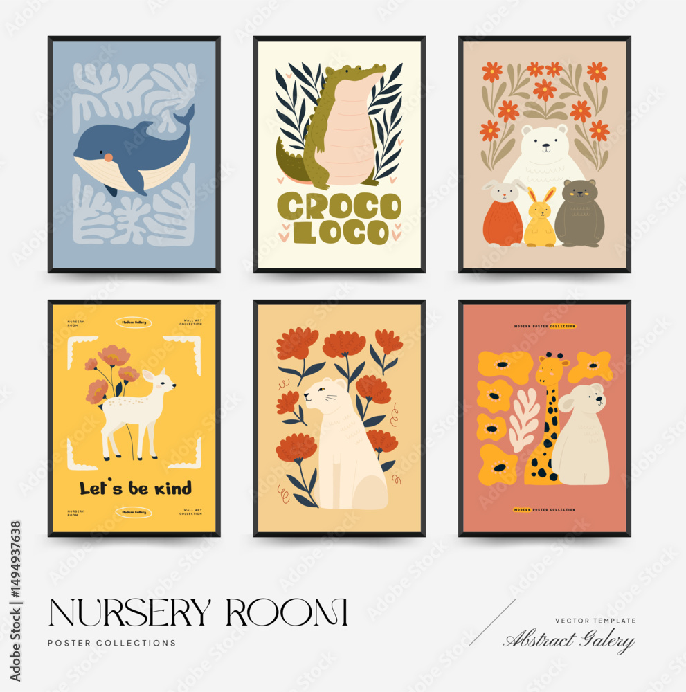 Fototapeta Abstract Childrens Room posters template. Modern trendy Kids minimal style. Hand drawn design for wallpaper, wall decor, print, postcard, cover, template, banner.